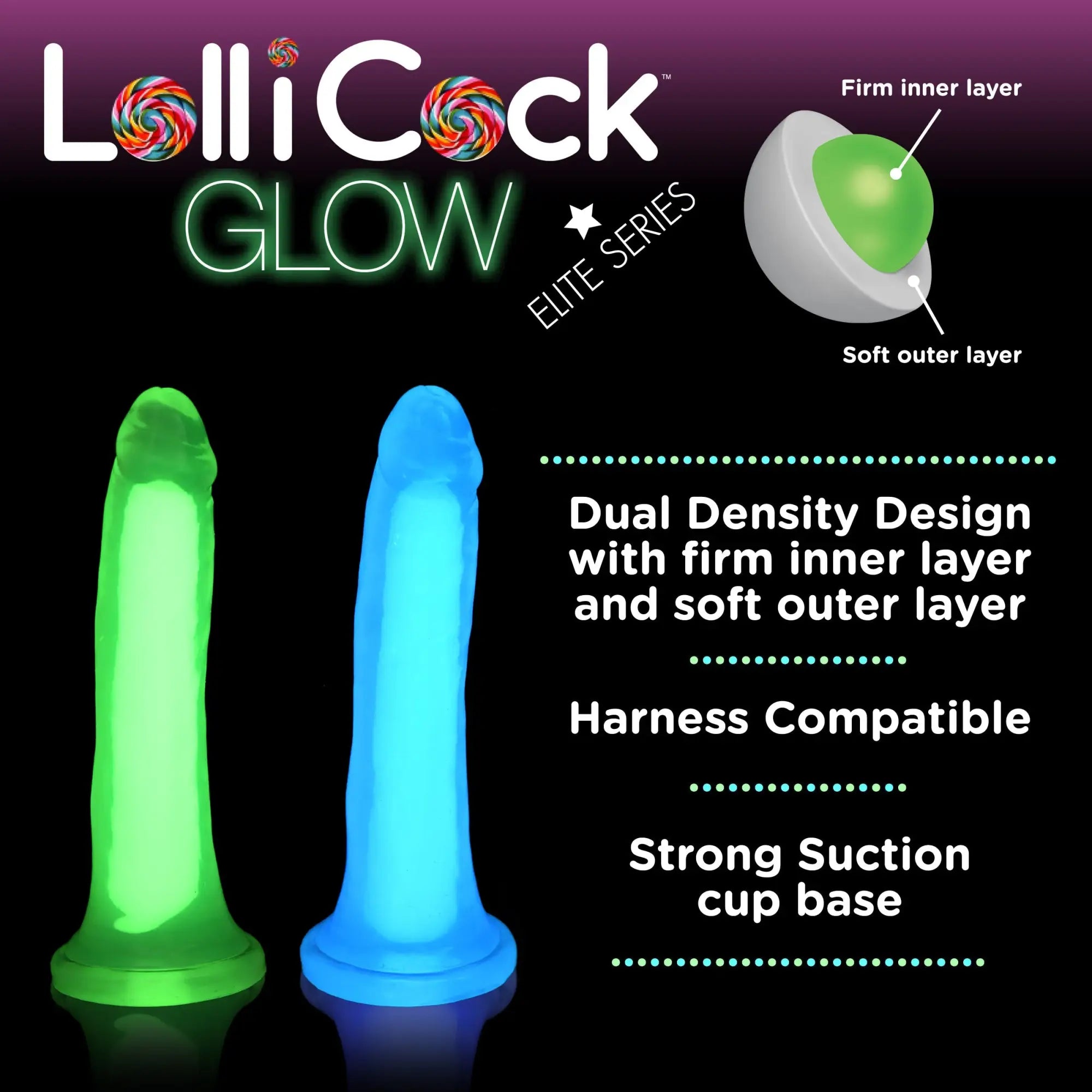 Lollicock 7 inch glow-in-the-dark silicone dildo in green and blue with a dual-density firm inner and soft outer layer