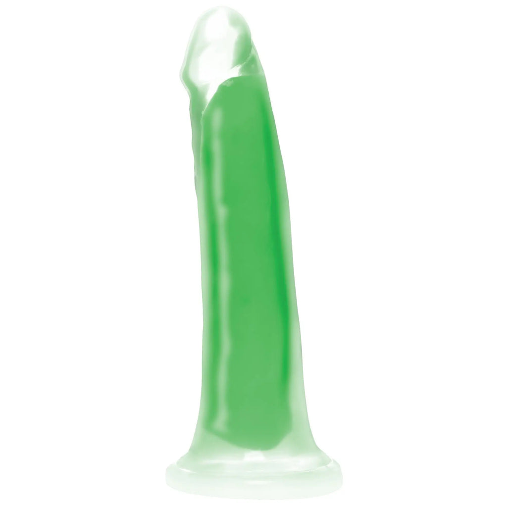 A translucent green glow-in-the-dark silicone dildo with smooth glossy finish and rounded tip lollicock 7 inch