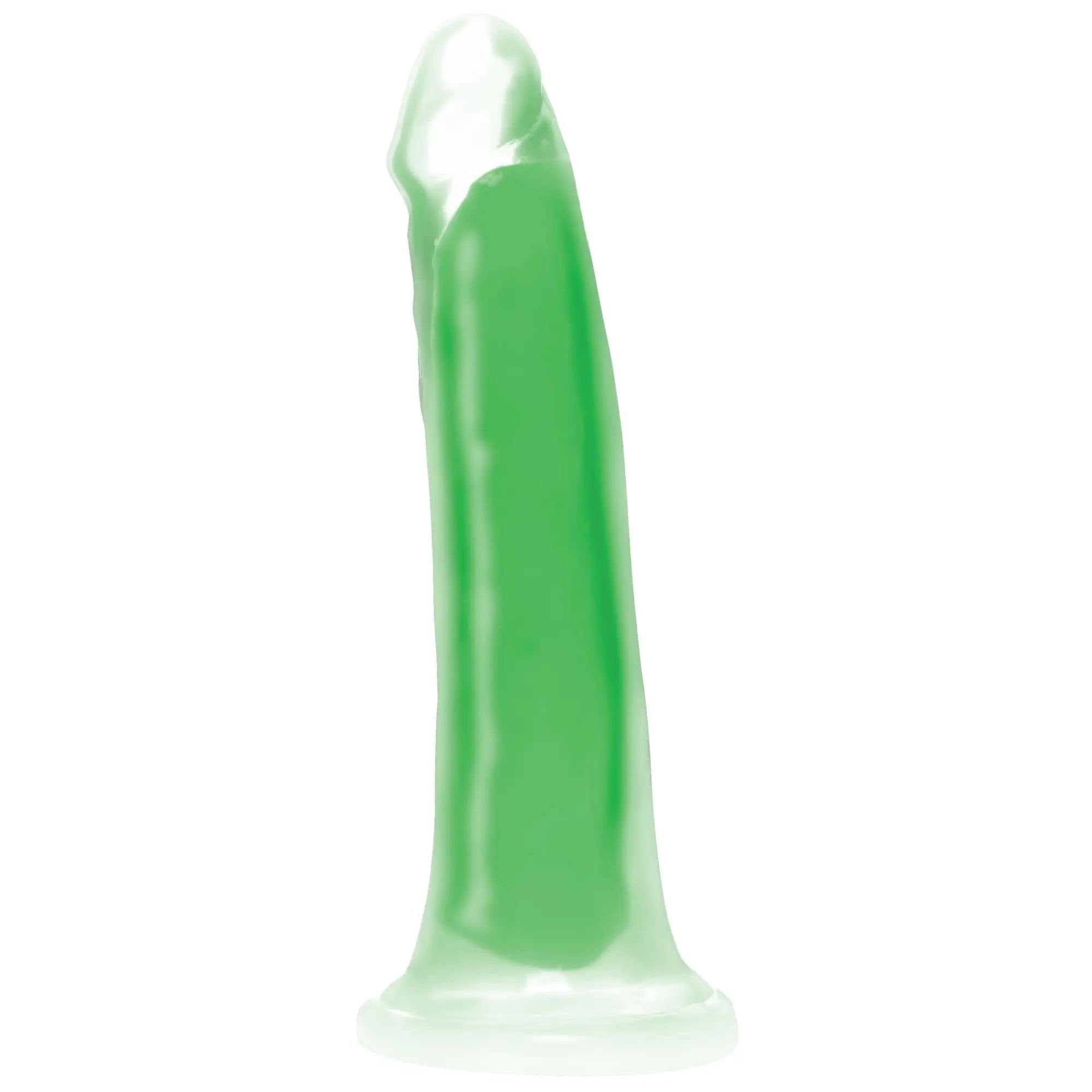 A translucent green glow-in-the-dark silicone dildo with smooth glossy finish and rounded tip lollicock 7 inch