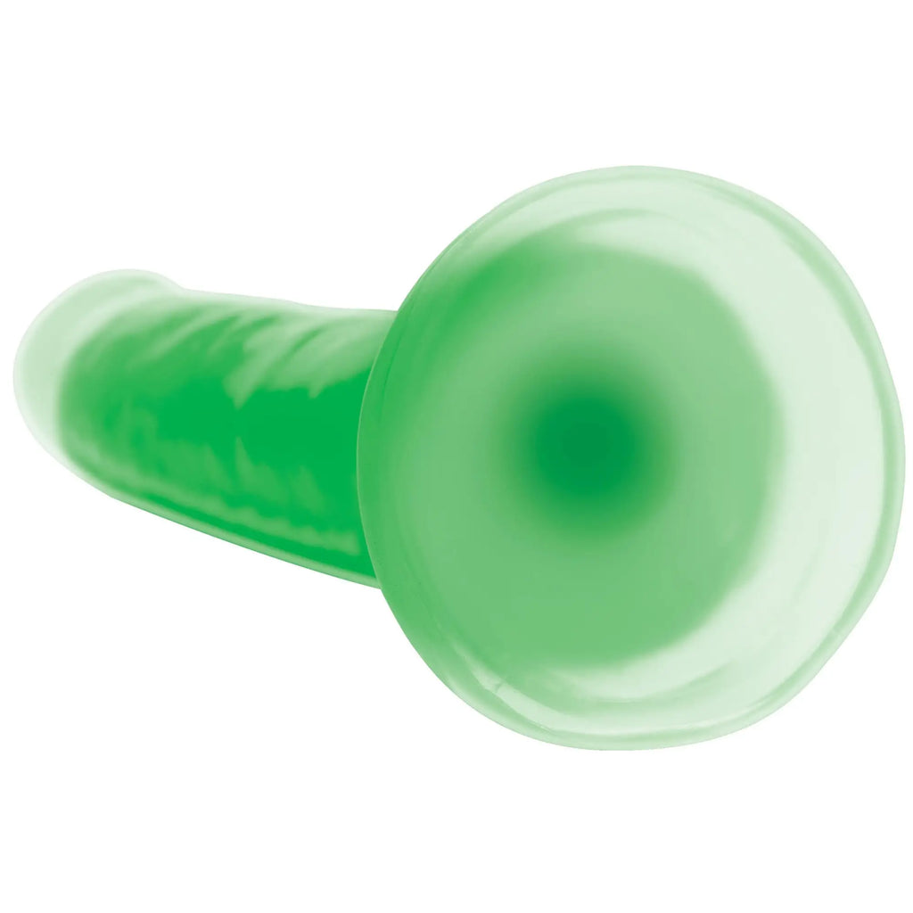 A translucent green 7 inch glow in the dark silicone dildo with a rounded head and smooth cylindrical shaft