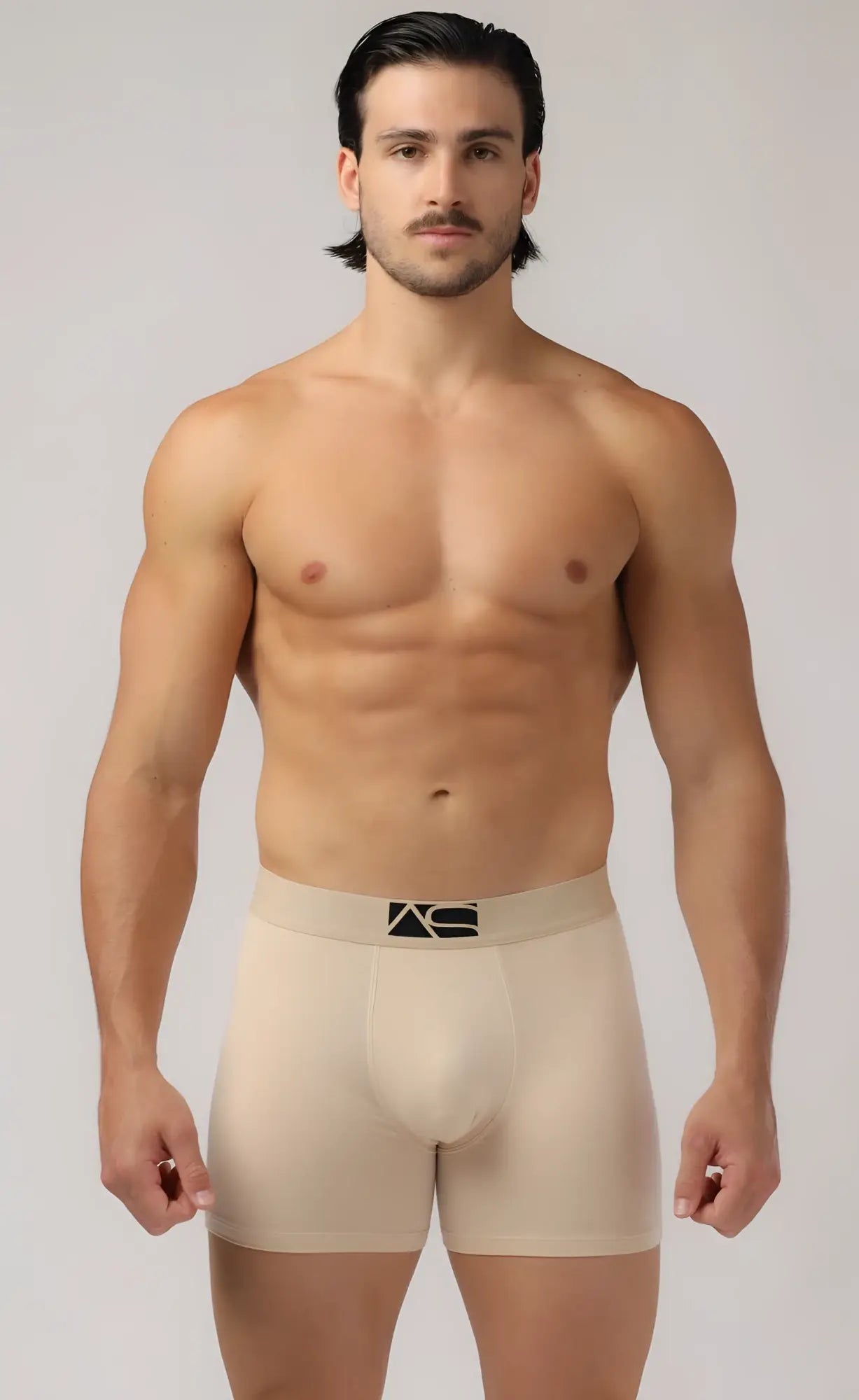 Beige men’s long trunks boxer briefs with black logo waistband soft breathable fabric for everyday wear