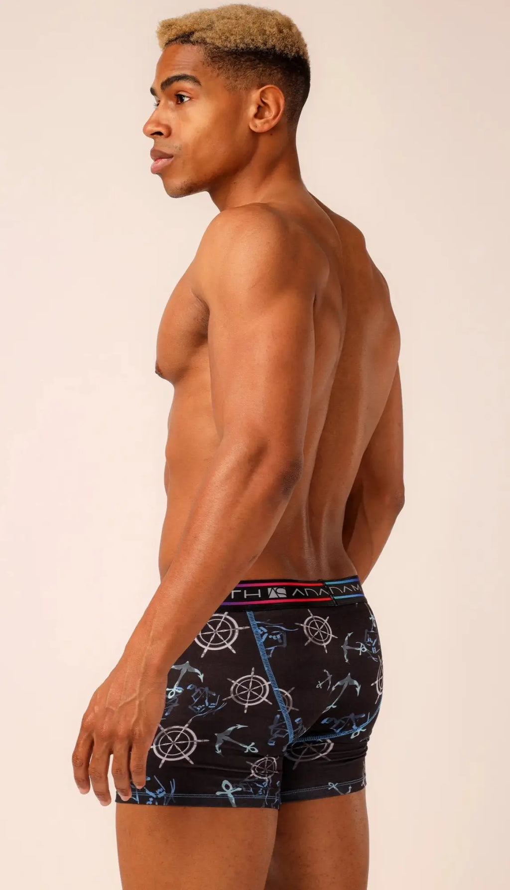 Black long trunks boxer briefs with blue and white nautical ship wheels anchors and ropes pattern