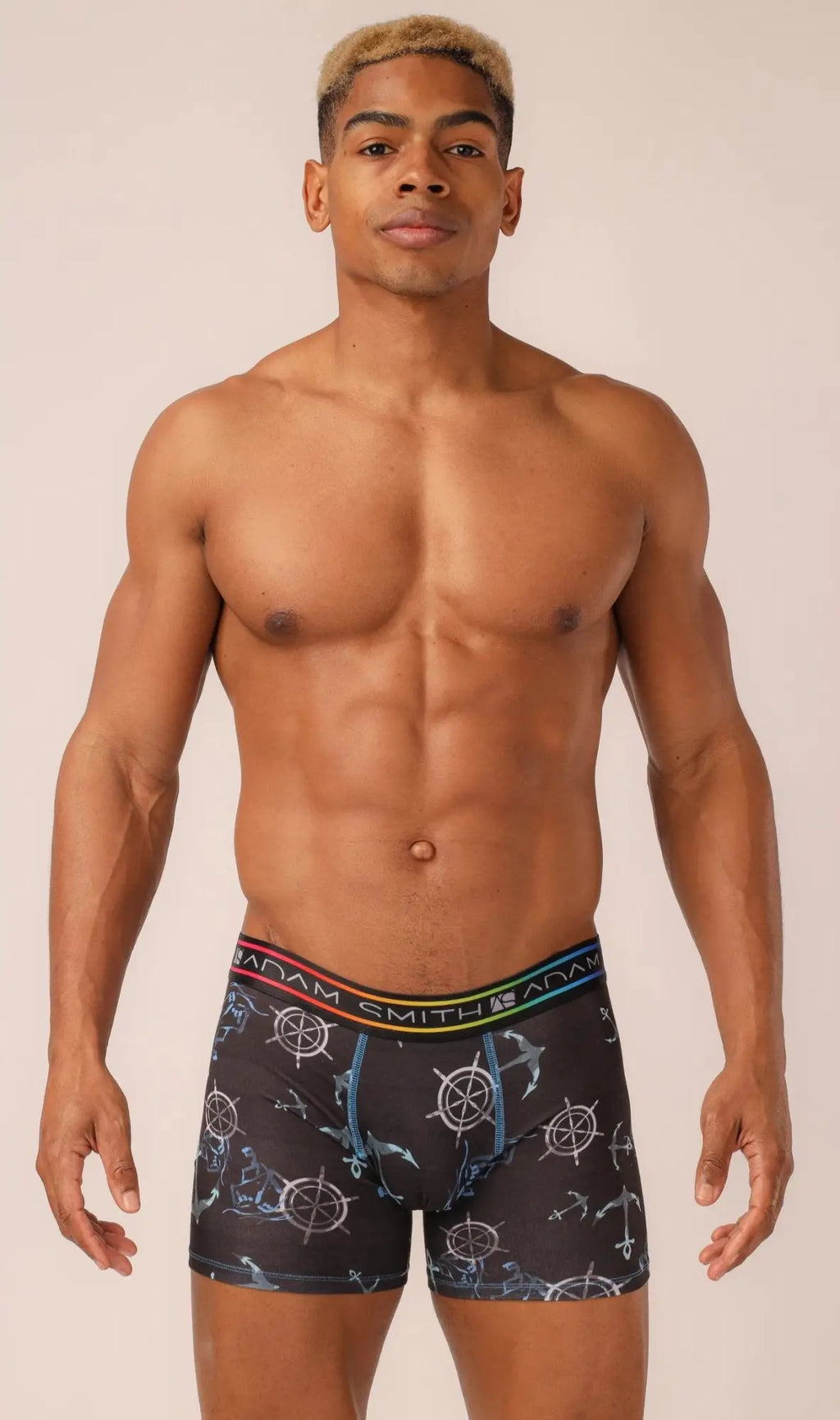 Black men’s long trunks boxer briefs with a blue and white nautical pattern of ship wheels anchors and ropes