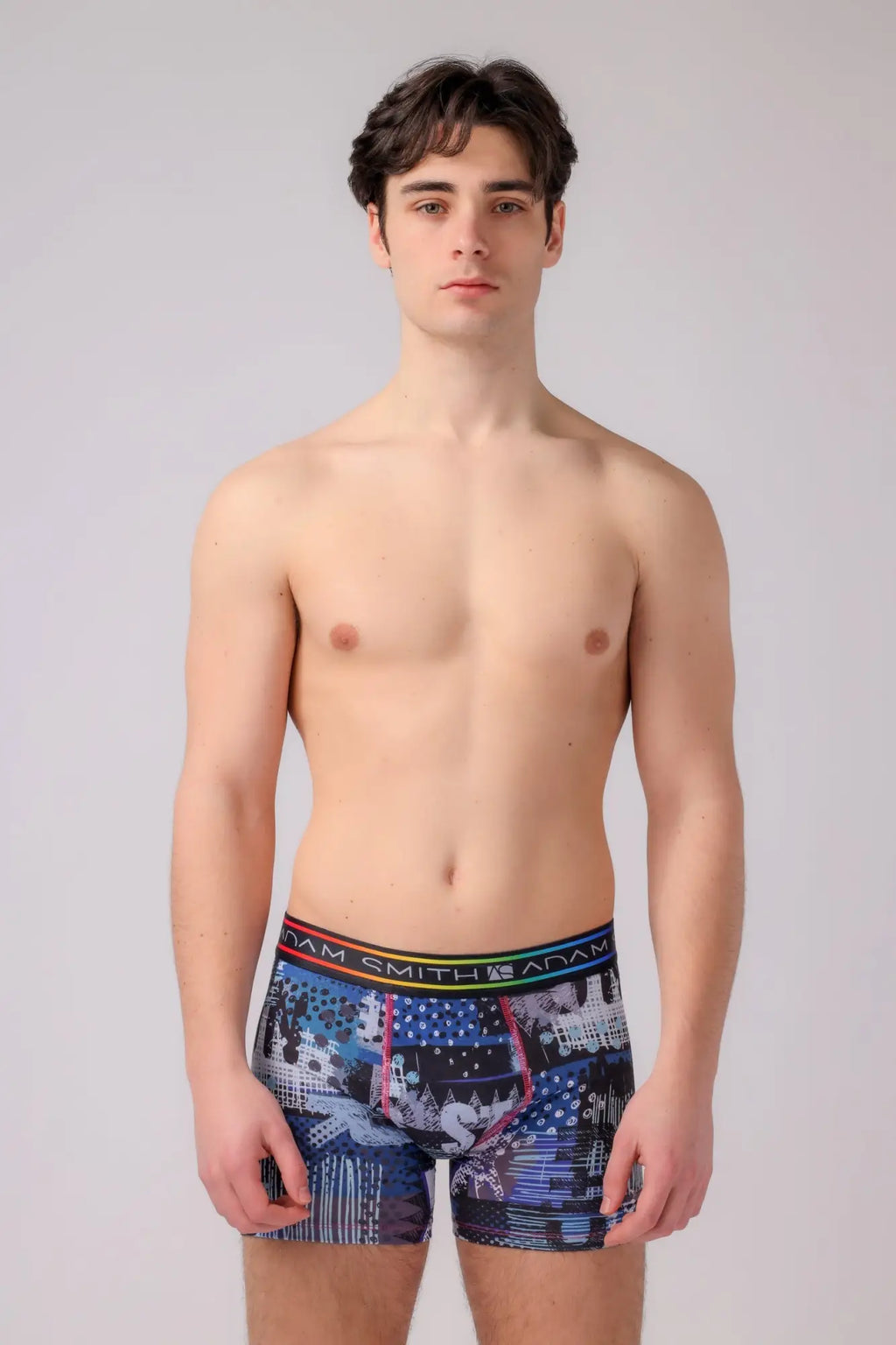 Long trunks blue patterned boxer briefs with rainbow stripe elastic waistband featuring dam smith adam brand name