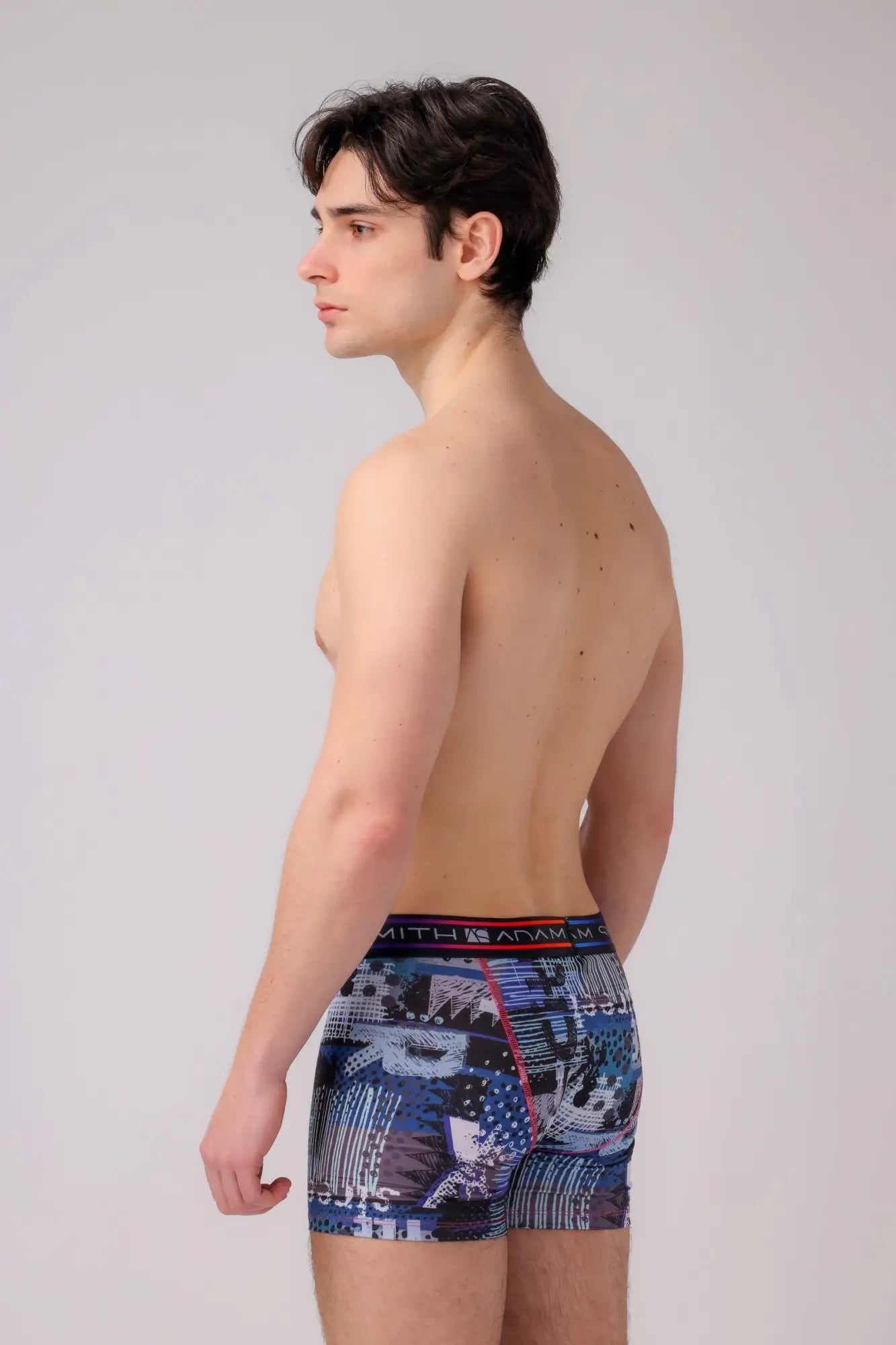 Long trunks blue patterned boxer briefs with red and black smith and adam branded waistband for everyday wear
