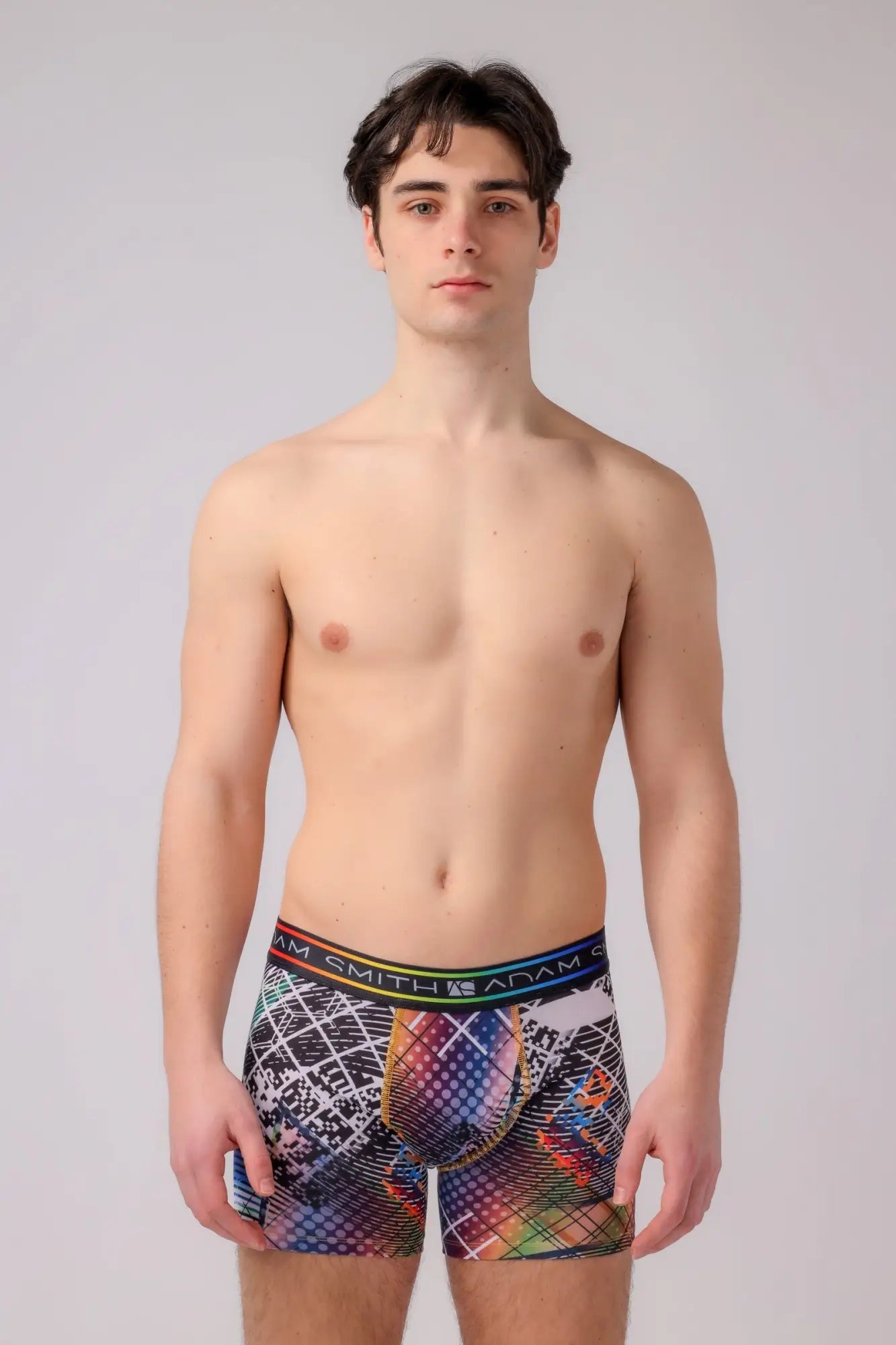 Long trunks multicolored patterned boxer briefs with rainbow-striped waistband featuring smith and adam brand name