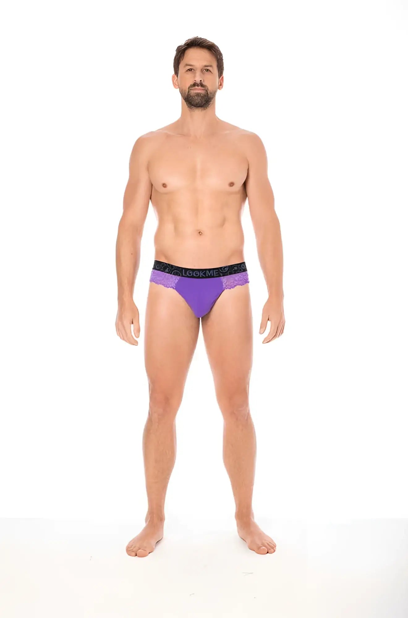 Purple lookme lace thong underwear size l with black elastic waistband and white brand lettering