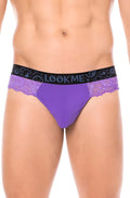 Purple lace-trimmed thong underwear with black elastic waistband featuring lookme brand name size l