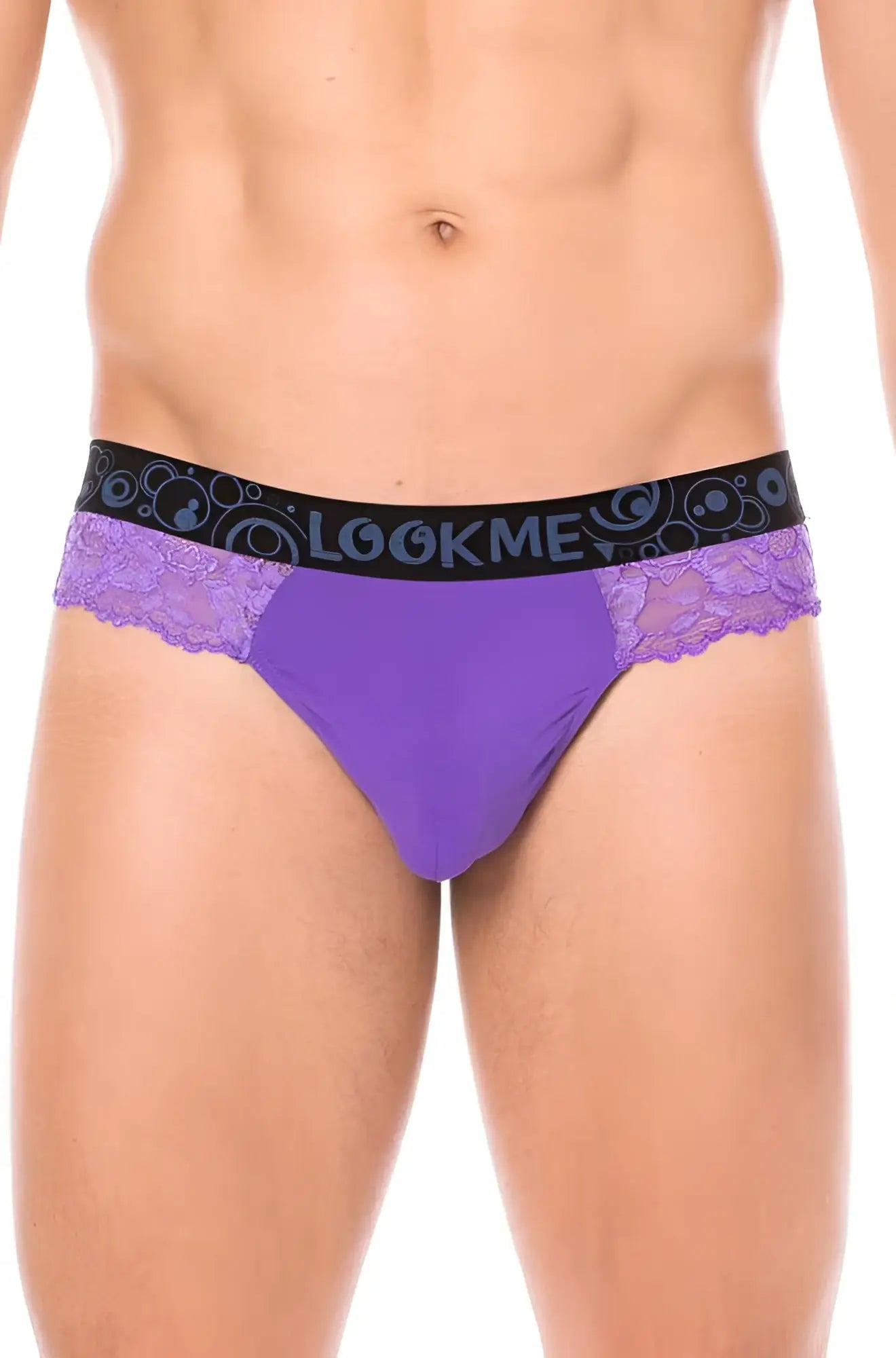 Purple lace-trimmed thong underwear with black elastic waistband featuring lookme brand name size l