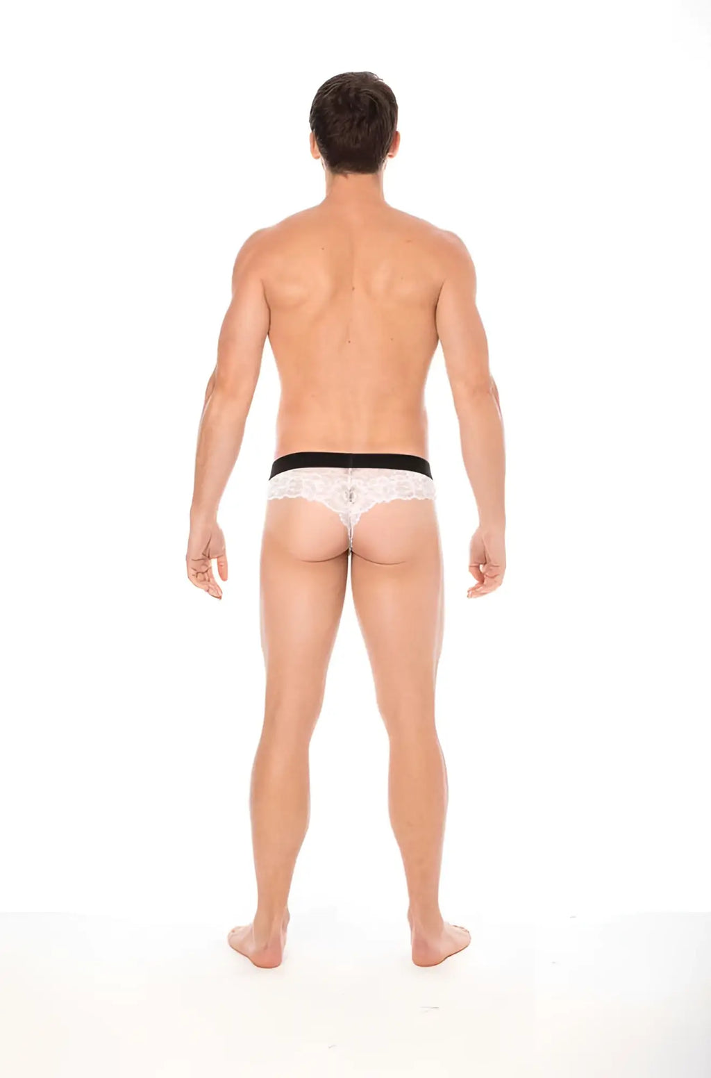 Lookme lace thong underwear white with black elastic waistband made of white lace size L shown from front side