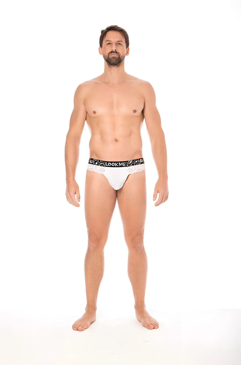 White lookme lace thong underwear with black elastic waistband and decorative pattern size l