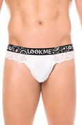 White lace-trimmed lookme lace thong underwear with black elastic waistband and circular patterns size l