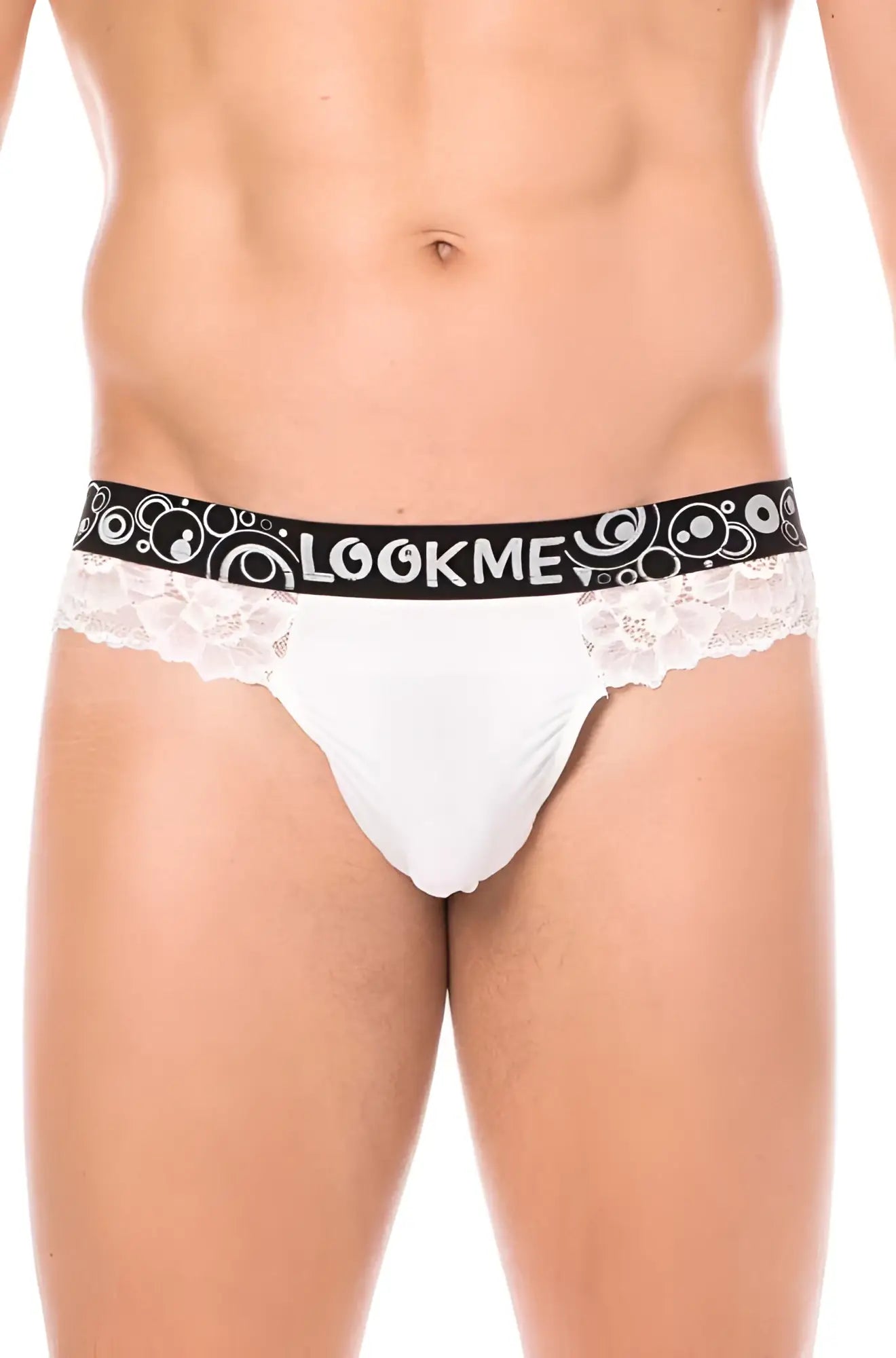 White lace-trimmed lookme lace thong underwear with black elastic waistband and circular patterns size l