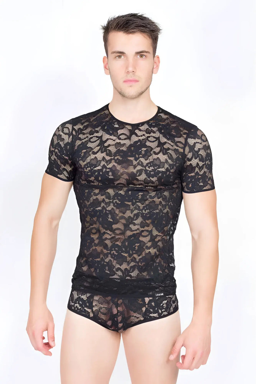Lookme Sensuality black lace bodysuit with intricate floral patterns and short sleeves size S