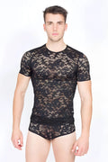 Lookme Sensuality black lace bodysuit with intricate floral patterns and short sleeves size S