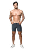 Dark gray loopback stretch knit shorts with classic fit textured fabric and button closure