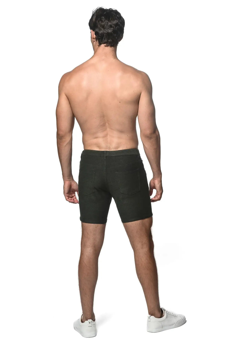 Dark green loopback stretch knit short boxer briefs with form-fitting design and smooth fabric finish