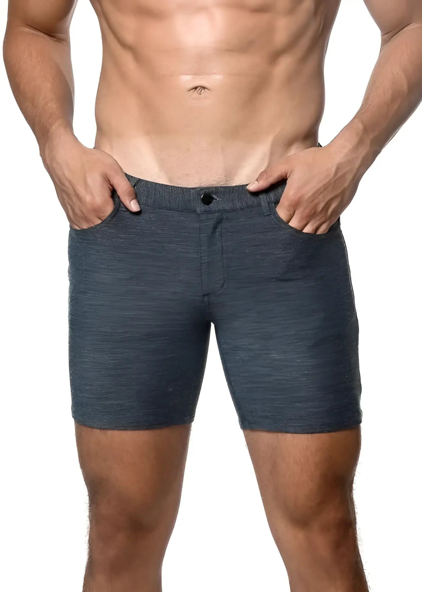 Loopback stretch knit short in dark heathered blue textured fabric with button closure and side pockets