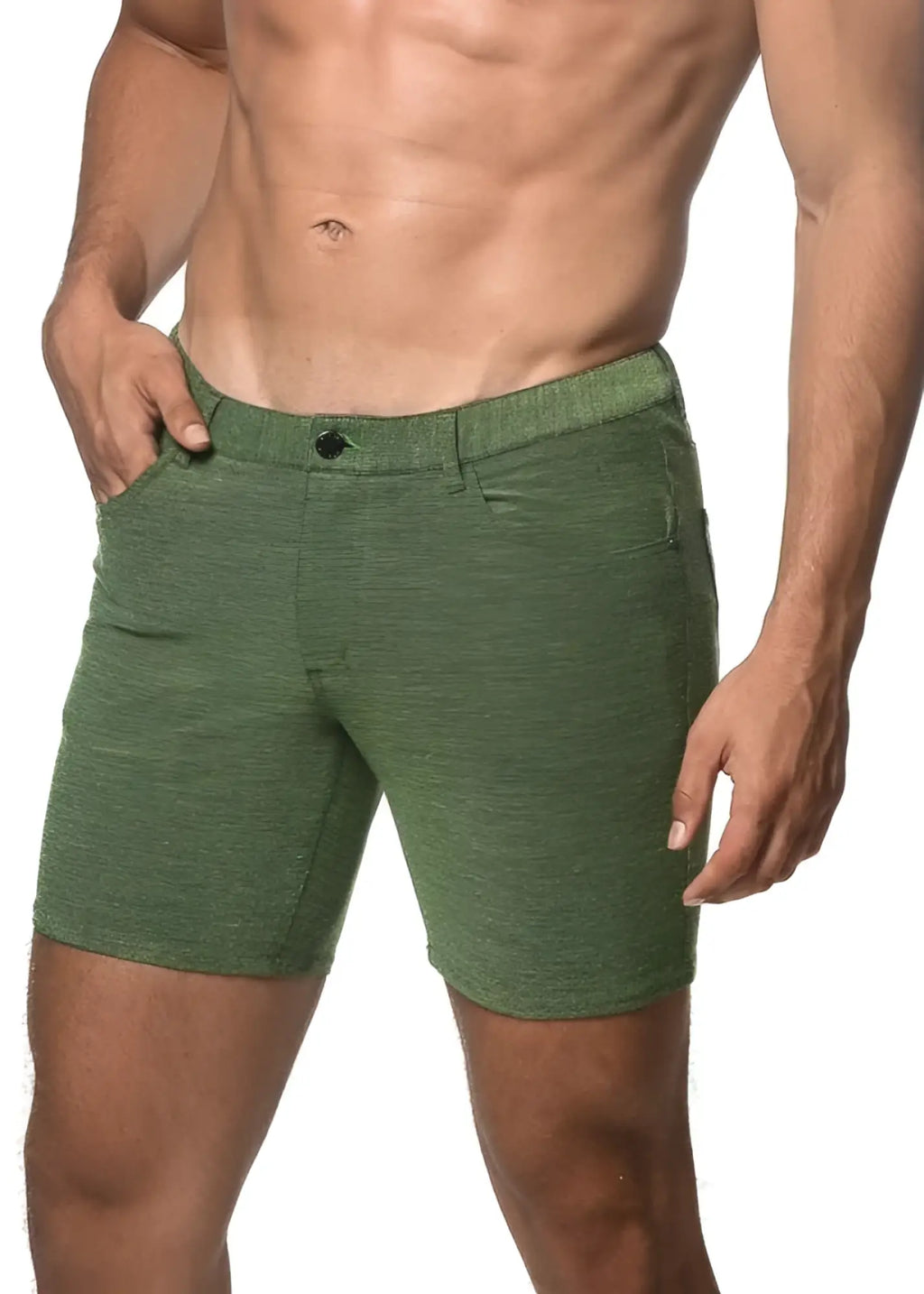 Loopback stretch knit shorts in green with textured fabric button closure and side pockets for casual wear