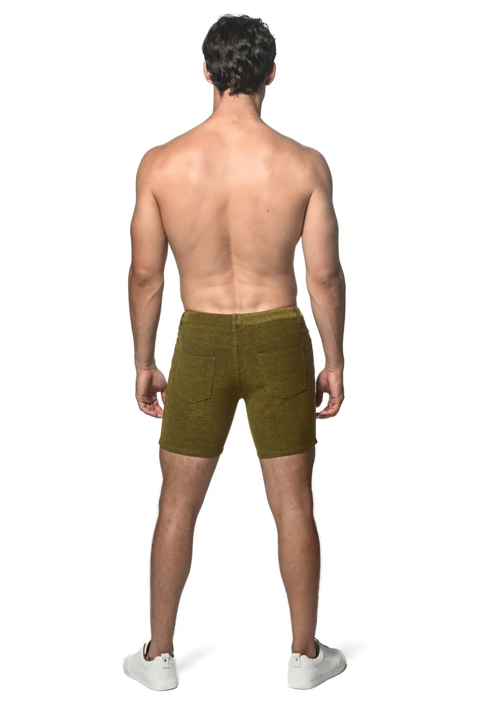 Olive green loopback stretch knit corduroy shorts with classic five-pocket design for casual wear