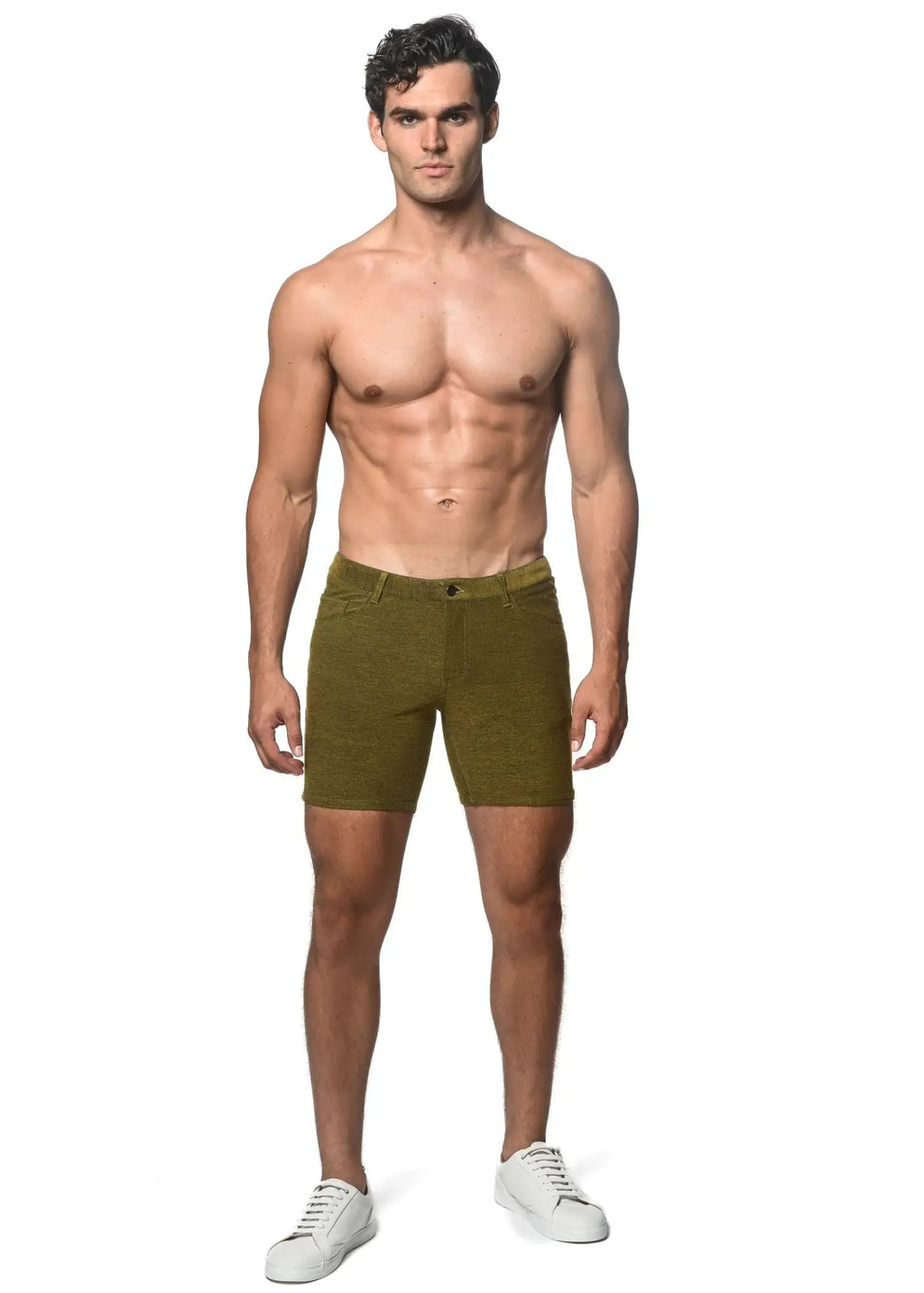 Olive green loopback stretch knit denim shorts with textured fabric ideal for casual summer wear