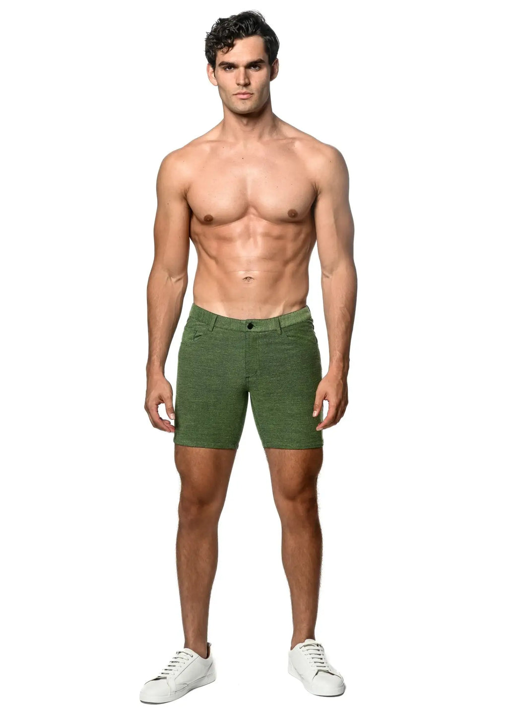 Olive green textured denim shorts featuring loopback stretch knit fabric for comfortable casual wear
