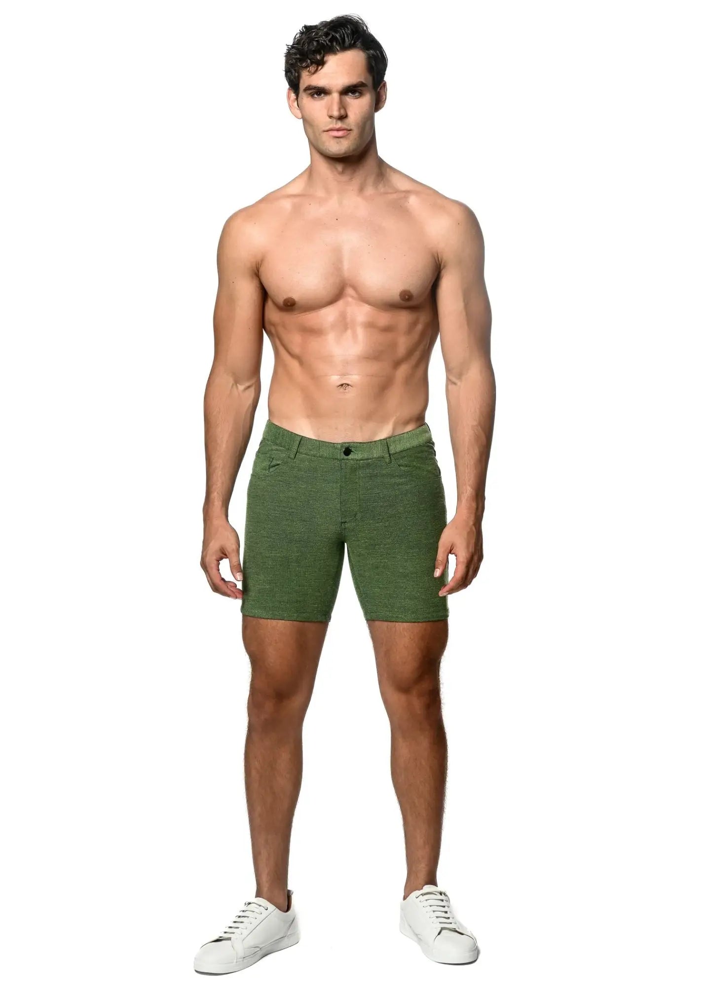 Olive green textured denim shorts featuring loopback stretch knit fabric for comfortable casual wear