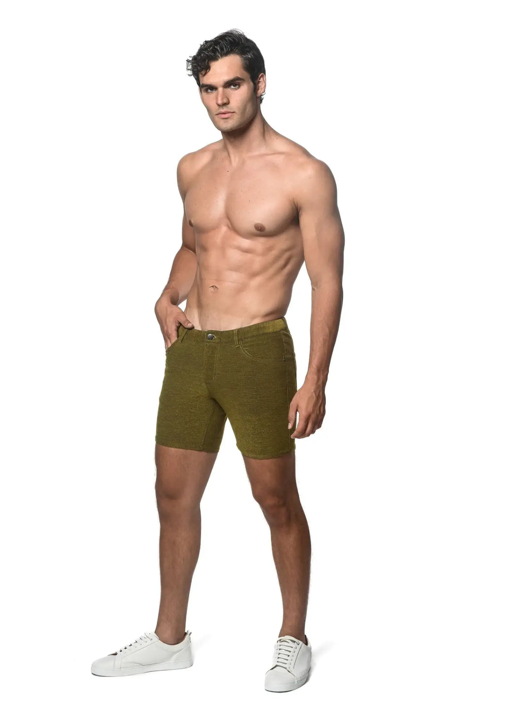 Olive green loopback stretch knit denim shorts with textured fabric for casual wear