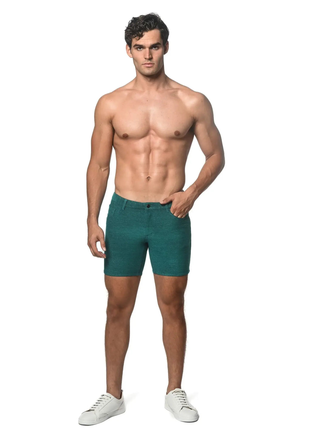 Teal loopback stretch knit slim fit denim shorts with classic five pocket design and button closure front view