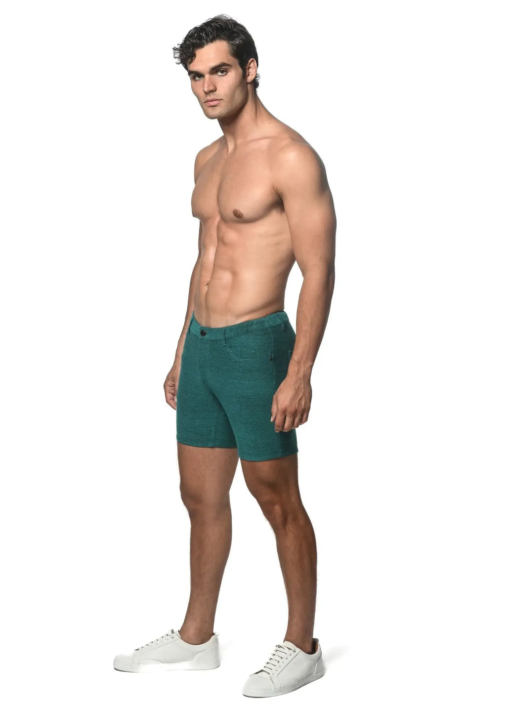Teal slim-fit loopback stretch knit shorts with textured fabric visible stitching and belt loops
