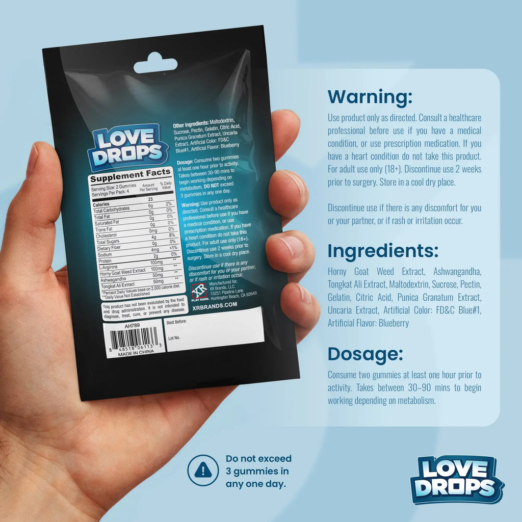 Hand holding a black Love Drops Hard Sexual Enhancement gummy packet showing the supplement facts label on the back.