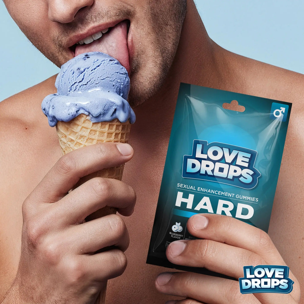 Shirtless man licks a blue ice cream cone while holding a pouch of Love Drops Hard Sexual Enhancement Gummies.