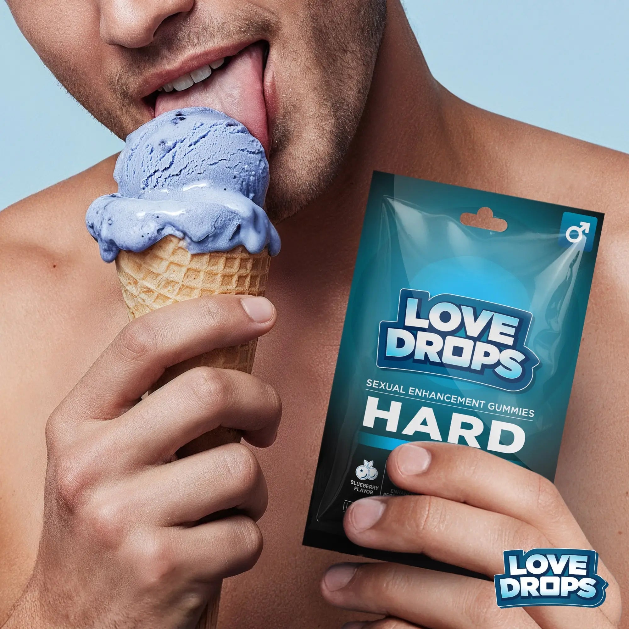 Shirtless man licks a blue ice cream cone while holding a pouch of Love Drops Hard Sexual Enhancement Gummies.