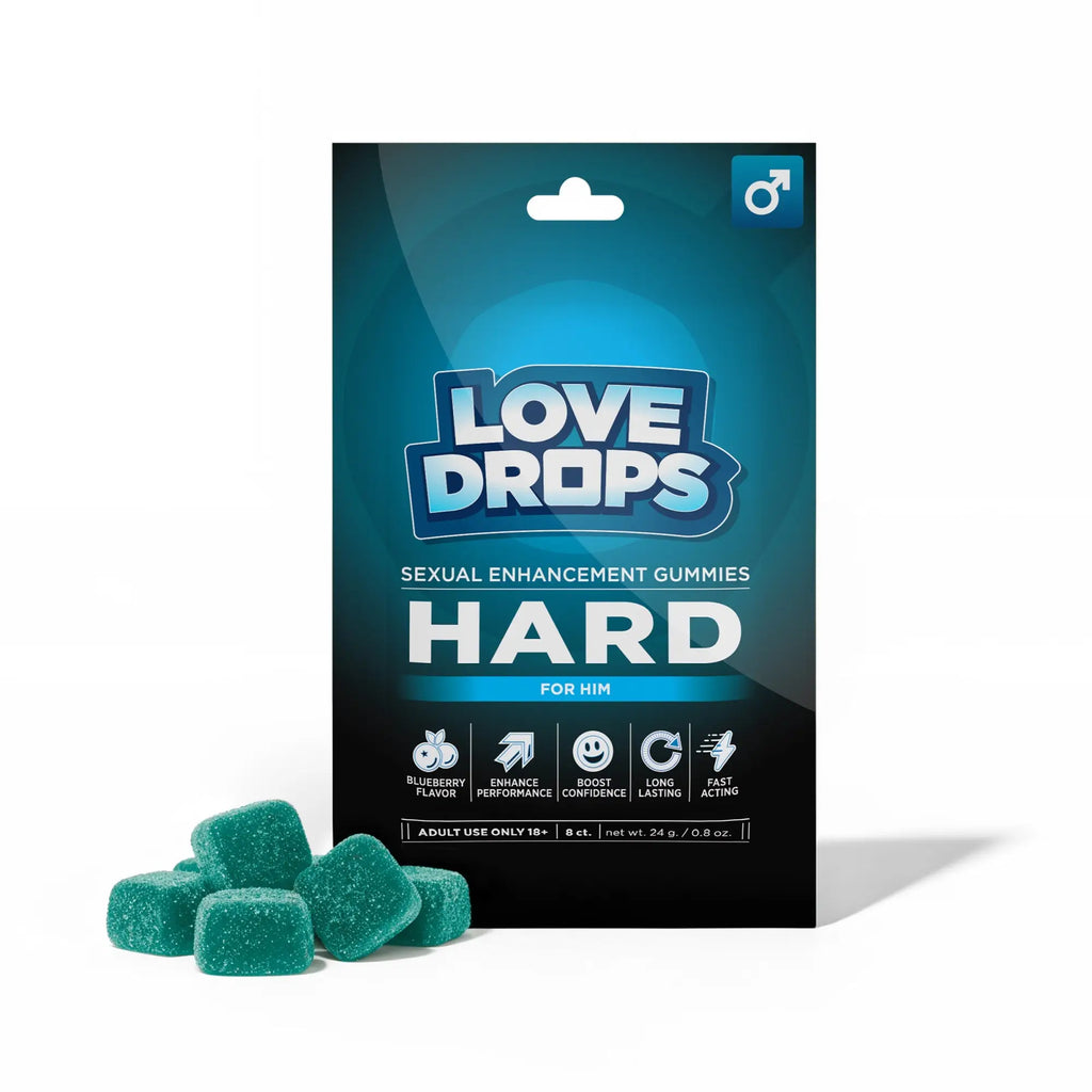 Love Drops Hard sexual enhancement gummies in a blue and black pouch with teal sugar-coated gummy cubes in front.