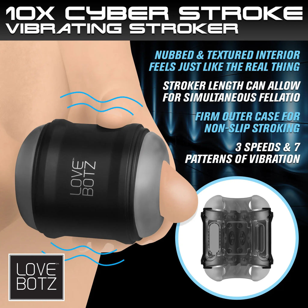 LoveBotz 10X Cyber Stroke: A black and grey handheld vibrating masturbator with a textured interior and firm case.