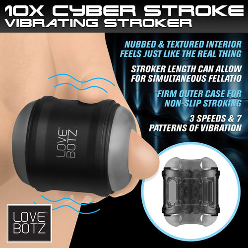 LoveBotz 10X Cyber Stroke: A black and grey handheld vibrating masturbator with a textured interior and firm case.