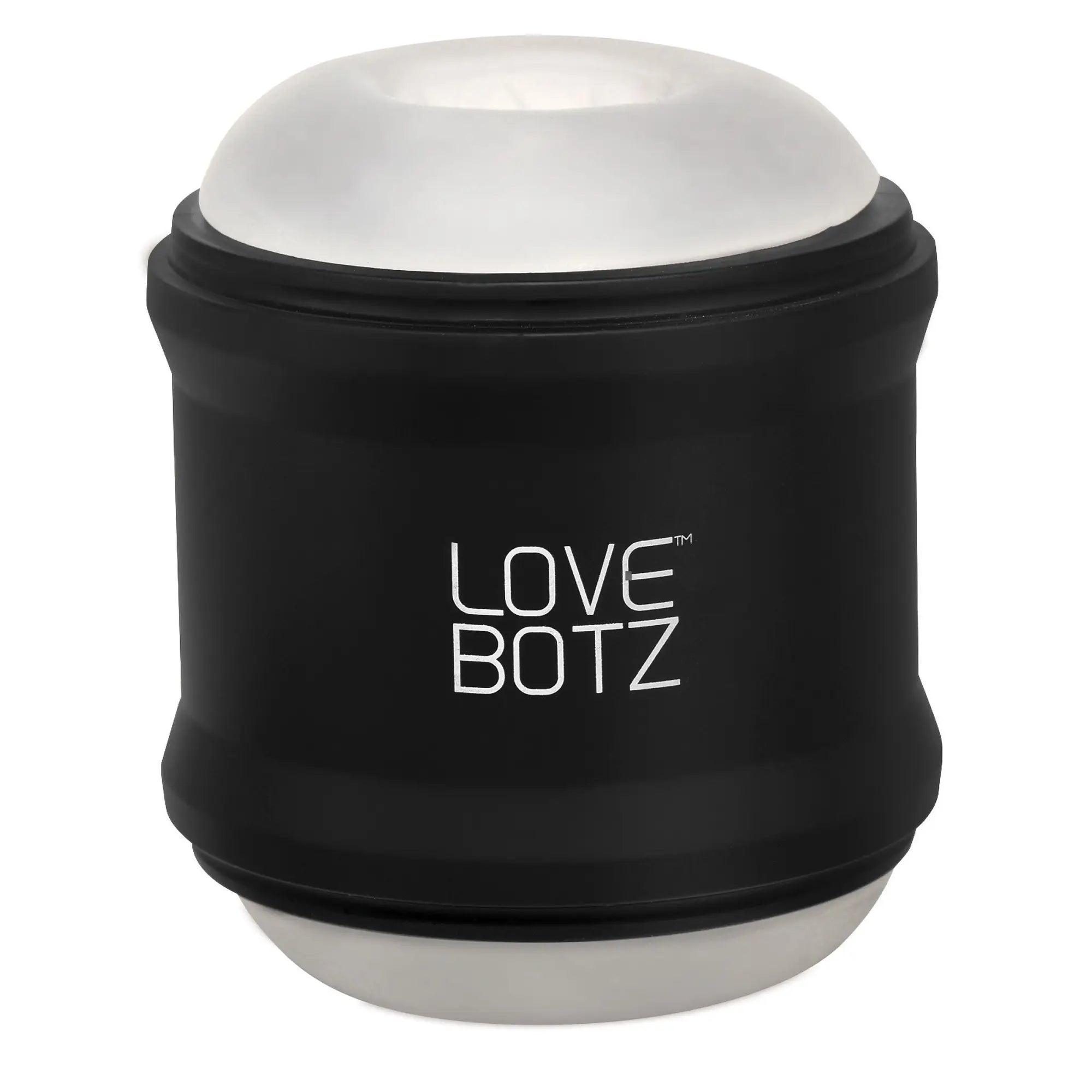 LoveBotz 10X Cyber Stroke masturbator: a cylindrical black device with white branding and translucent silicone ends.