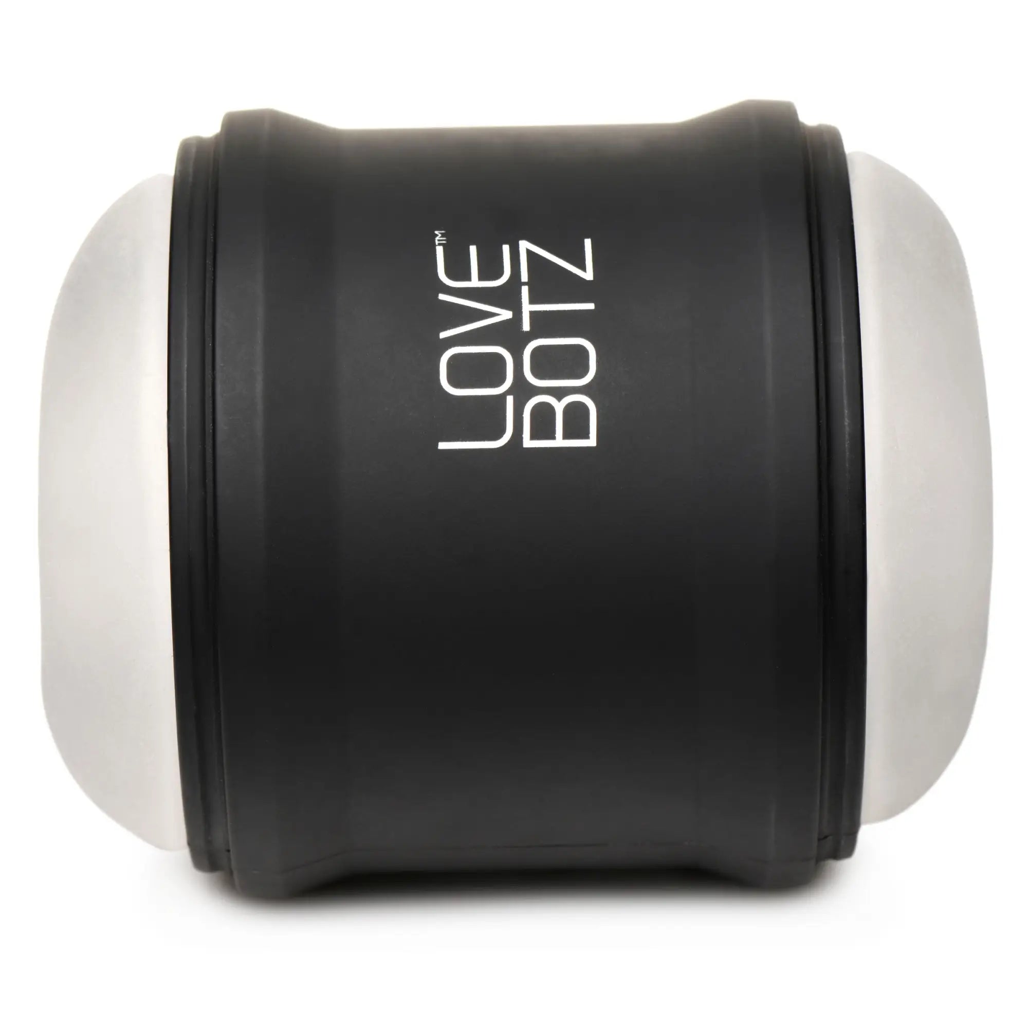 LoveBotz 10X Cyber Stroke masturbator features a cylindrical black casing with white logo and silver textured ends.