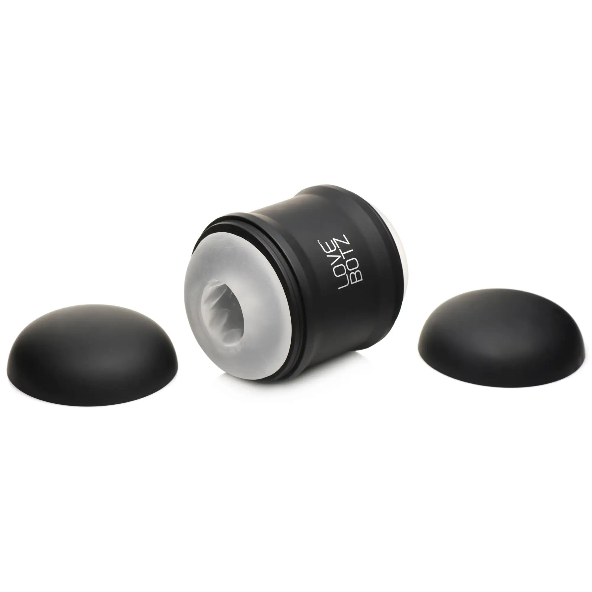 LoveBotz 10X Cyber Stroke black vibrating masturbator with two side caps and a textured, translucent silicone center.
