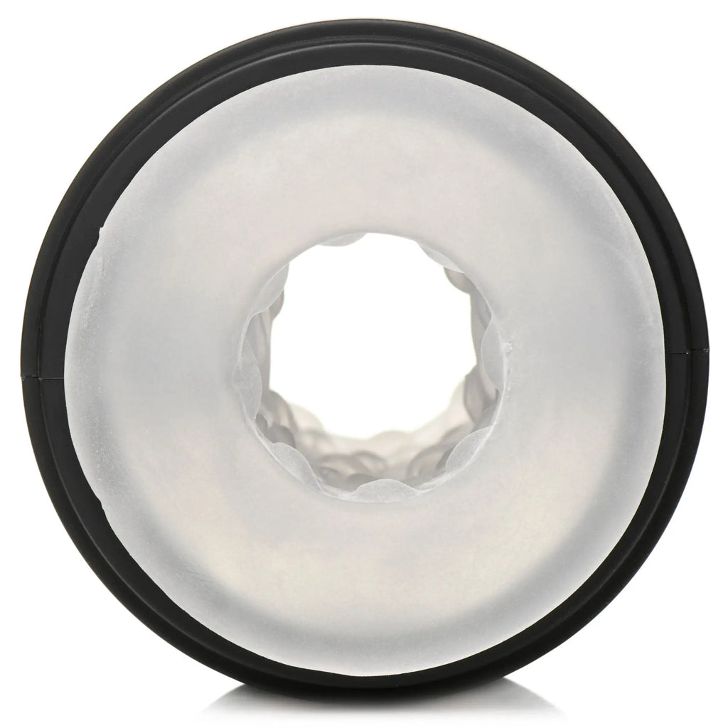 LoveBotz 10X Cyber Stroke Masturbator: A front-facing view showing the textured, translucent inner sleeve and black rim.