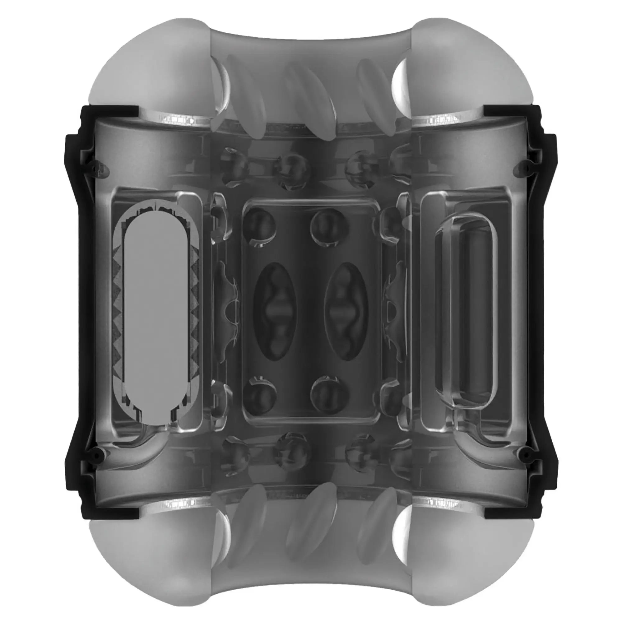 LoveBotz 10X Cyber Stroke: A grey, futuristic-styled internal masturbator sleeve with textured, geometric contours.