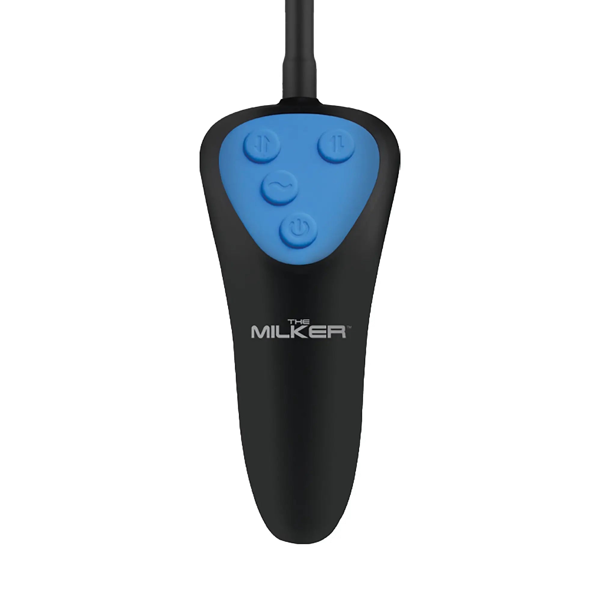 LoveBotz 19X Mini Handheld Milker: A black, teardrop-shaped controller with a blue interface and four control buttons.