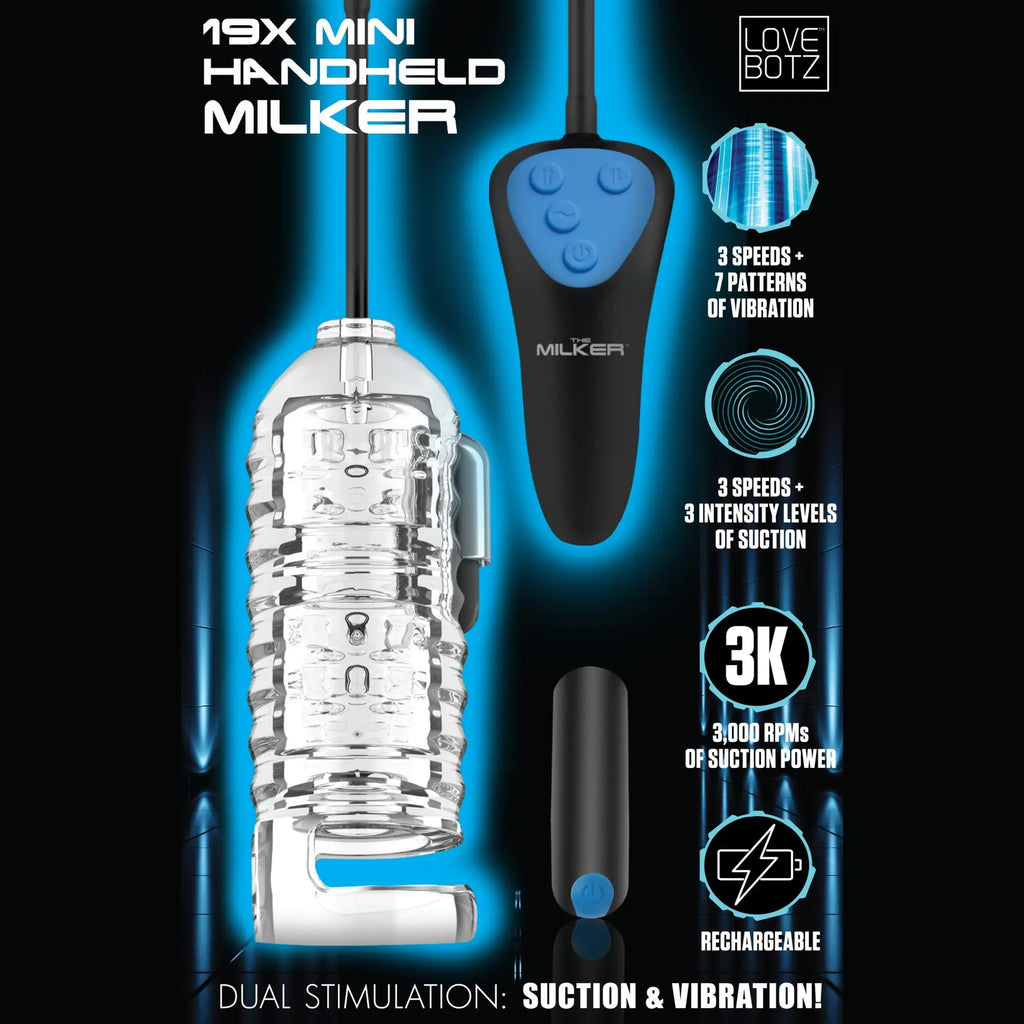 LoveBotz 19X Mini Handheld Milker: A clear textured stroker with a black-and-blue handheld suction and vibration remote.