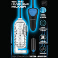 LoveBotz 19X Mini Handheld Milker: A clear textured stroker with a black-and-blue handheld suction and vibration remote.