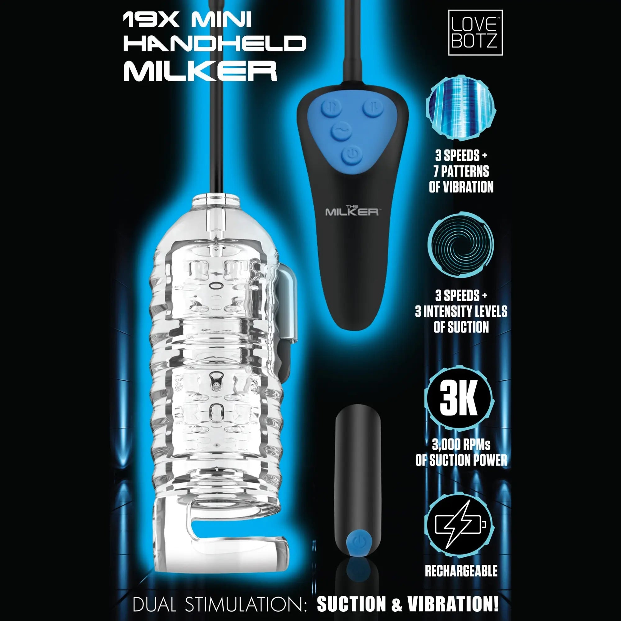 LoveBotz 19X Mini Handheld Milker: A clear textured stroker with a black-and-blue handheld suction and vibration remote.