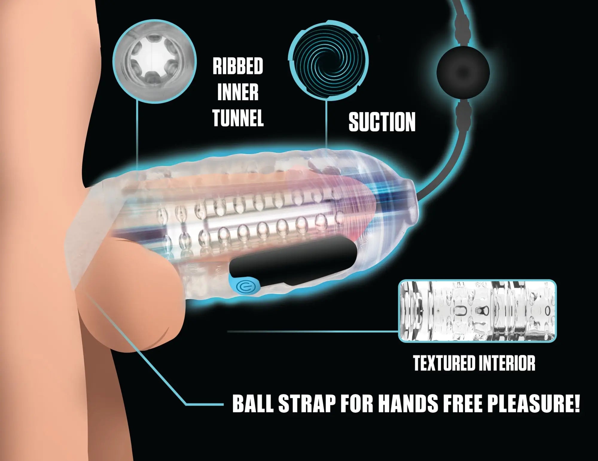 LoveBotz 19X Mini Handheld Milker: A clear, textured, handheld sleeve with a ball strap for hands-free suction control.