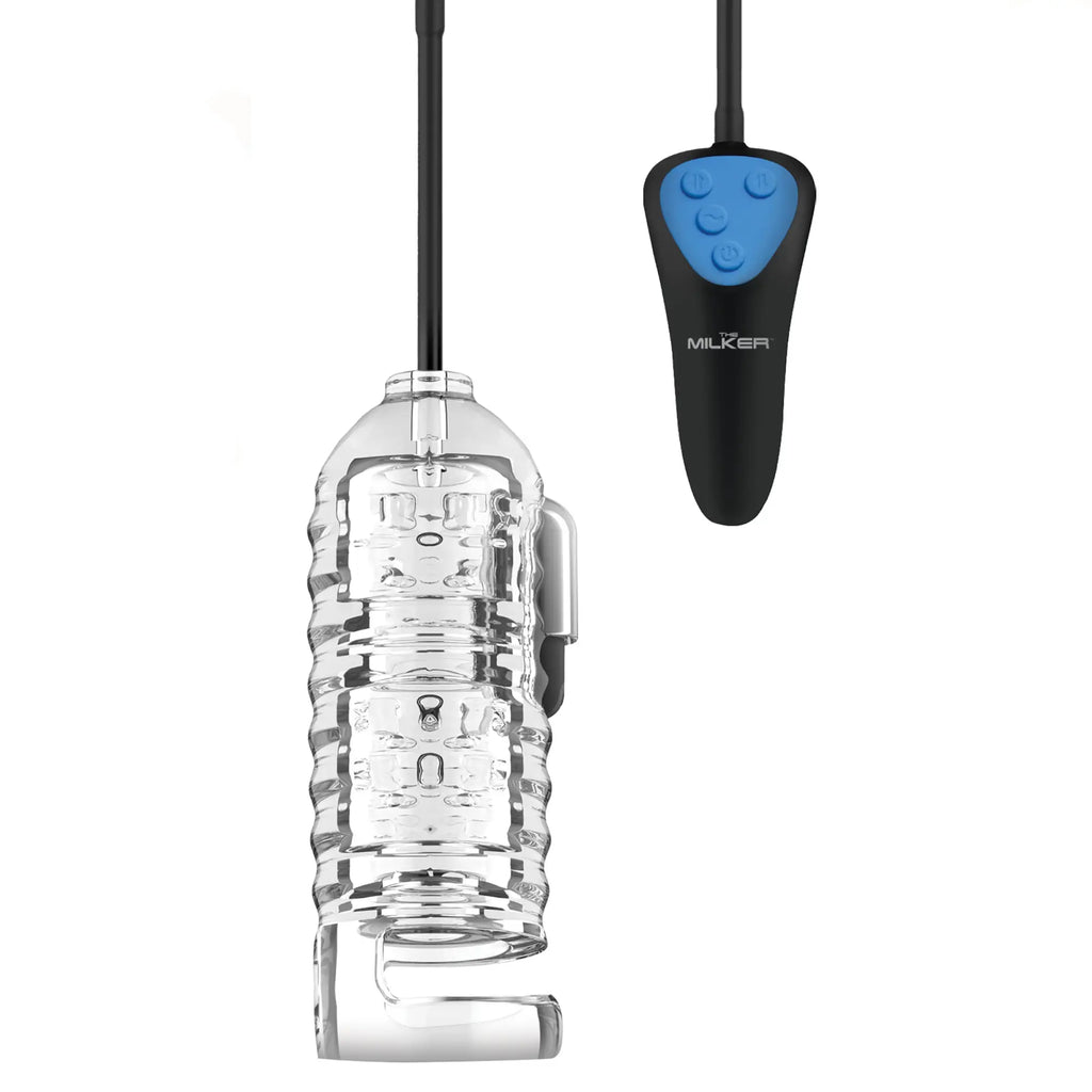 LoveBotz 19X Mini Handheld Milker featuring a clear, textured silicone sleeve attached to a black remote controller.