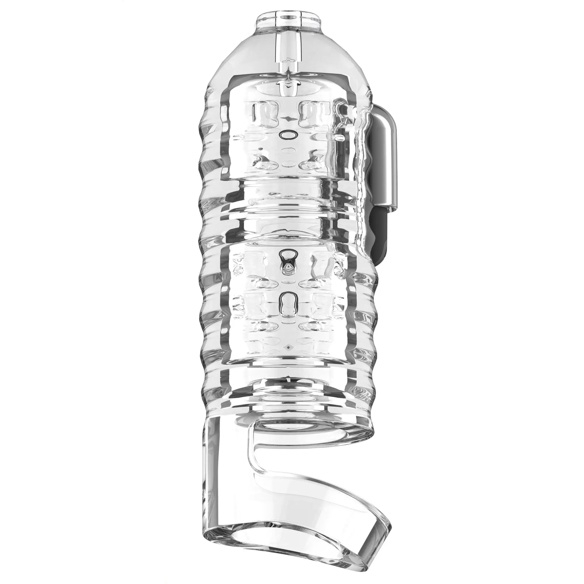 LoveBotz 19X Mini Handheld Milker: A clear, ribbed, cylindrical handheld device with a base loop against a white background.
