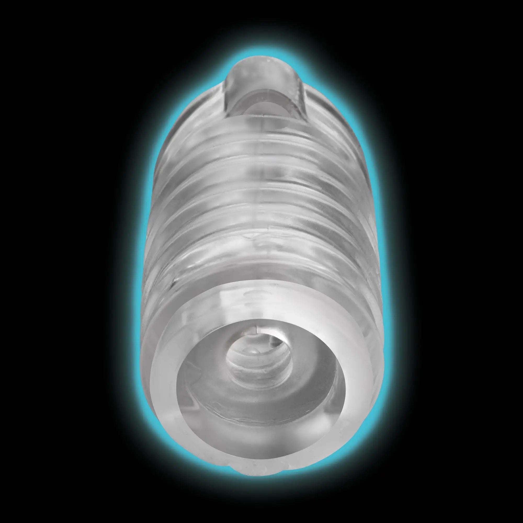 LoveBotz 19X Mini Handheld Milker: A ribbed, clear cylindrical silicone device shown against a black background.