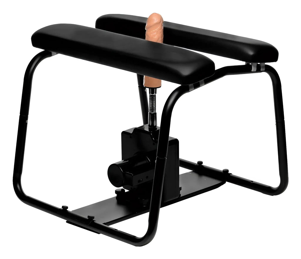 LoveBotz 4-in-1 Banging Bench: Black metal frame with padded armrests and a central skin-toned silicone dildo machine.